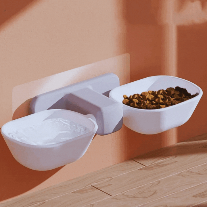 Stylish wall mounted pet feeder featuring two easy-to-clean stainless steel bowls for dog or cat.
