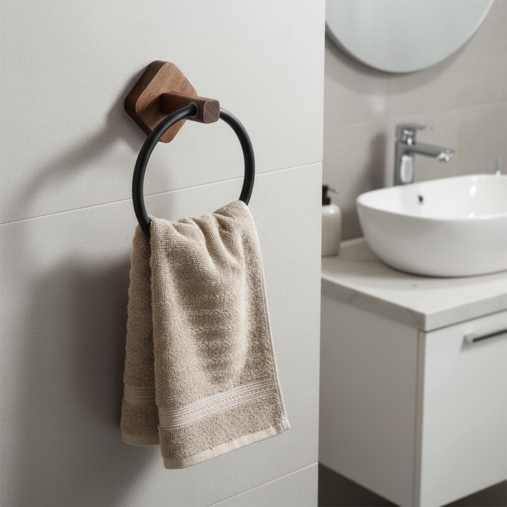Wall-mounted towel ring with Scandinavian wood and aluminum accents for modern bathrooms.