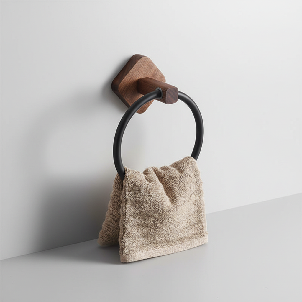 Sleek Scandinavian wood & aluminum towel ring. Wall-mounted for modern bathroom organization & decor.