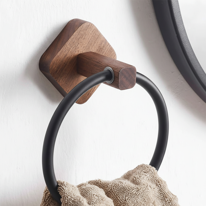Modern wall-mounted towel holder featuring natural wood & brushed aluminum. Perfect for bathroom storage solution.
