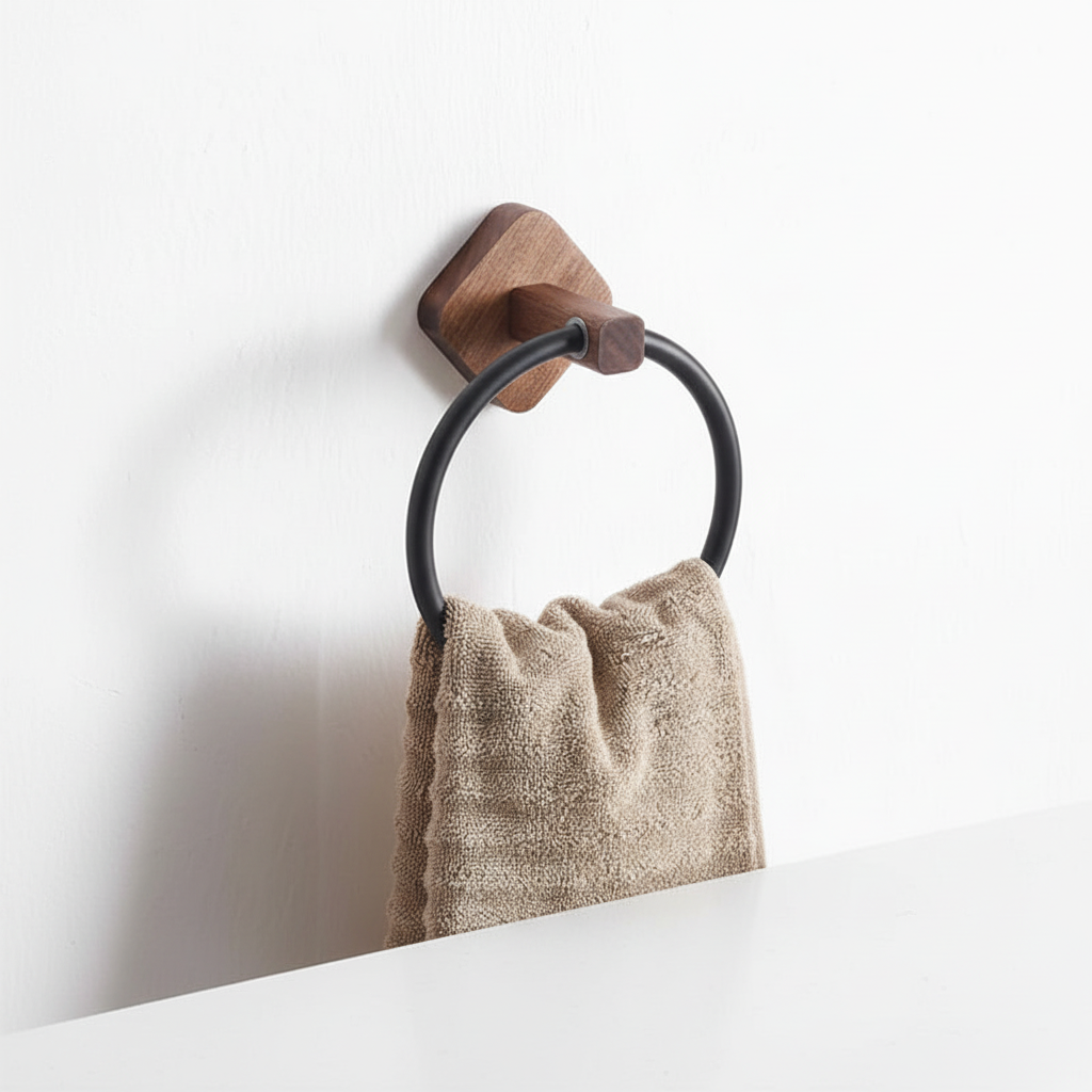 Organize your bathroom with this stylish wall-mounted wood & aluminum Scandinavian design towel ring holder.