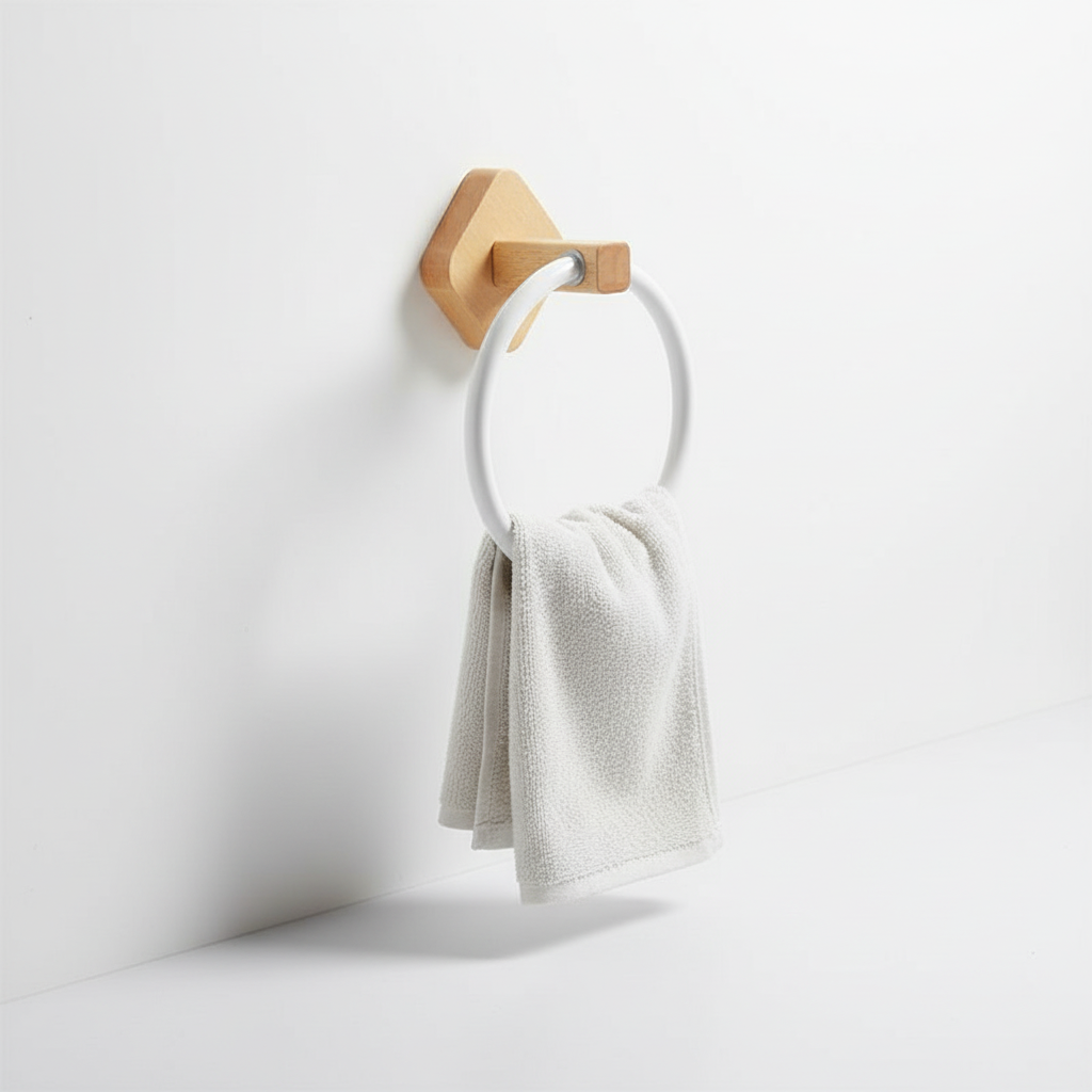 Enhance your modern home decor with this elegant Scandinavian wood and aluminum wall-mounted towel holder.