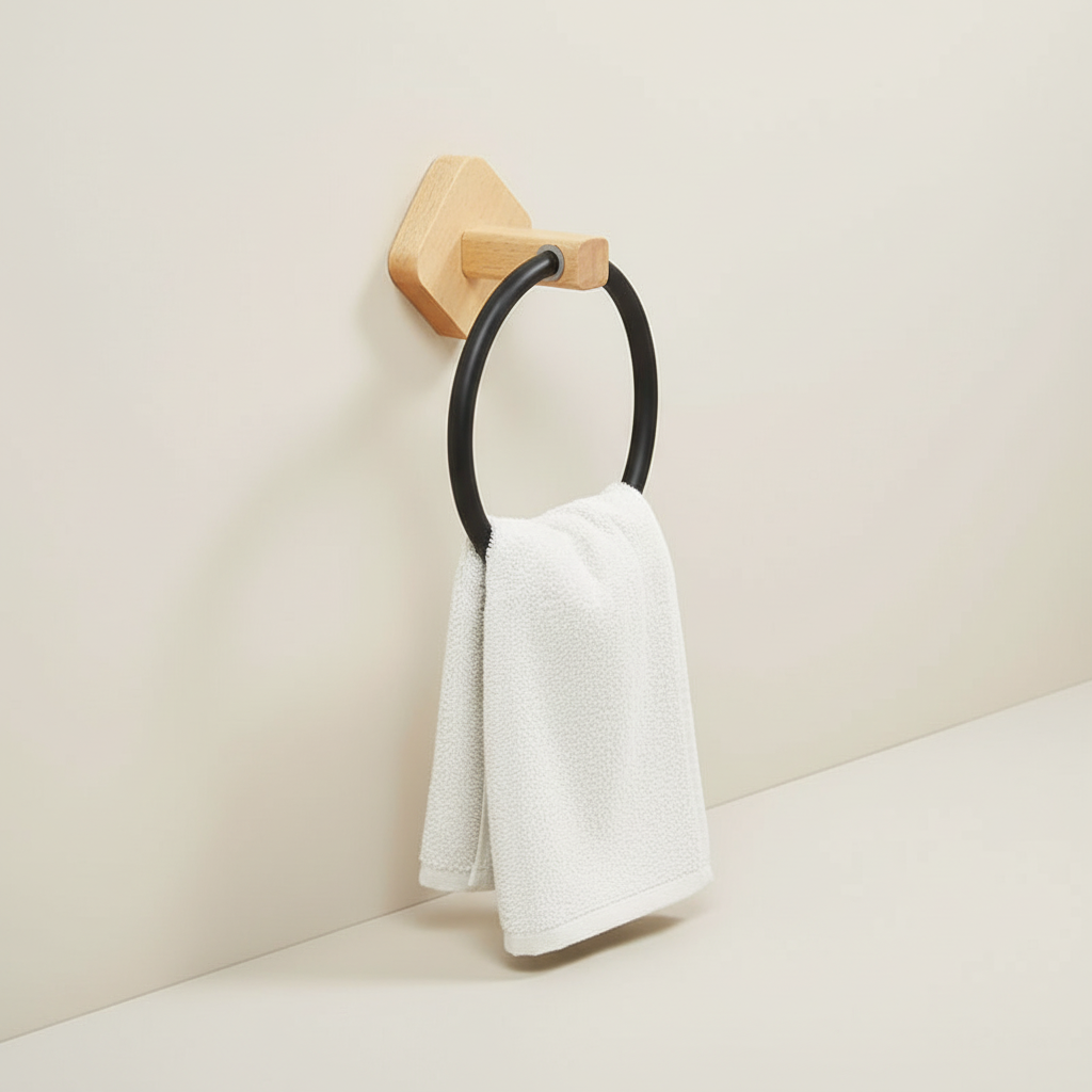 Contemporary wall-mounted towel ring in Scandinavian style, crafted from beautiful wood and durable aluminum.