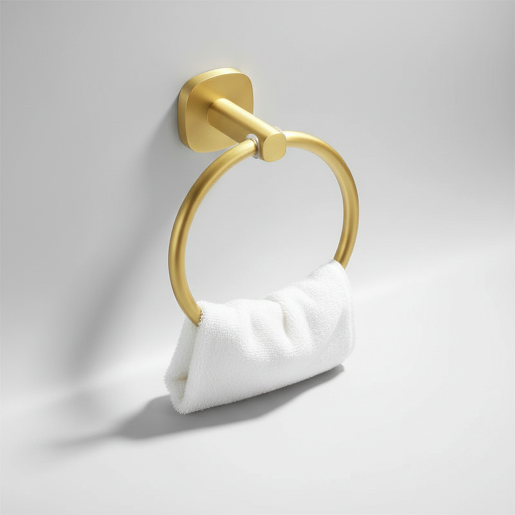 Minimalist wall-mounted towel organizer combining light wood & matte aluminum. Ideal for modern bathroom decor.