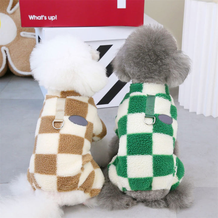 Premium quality checkered fleece dog jacket, winter-ready with a convenient D-ring for pets.