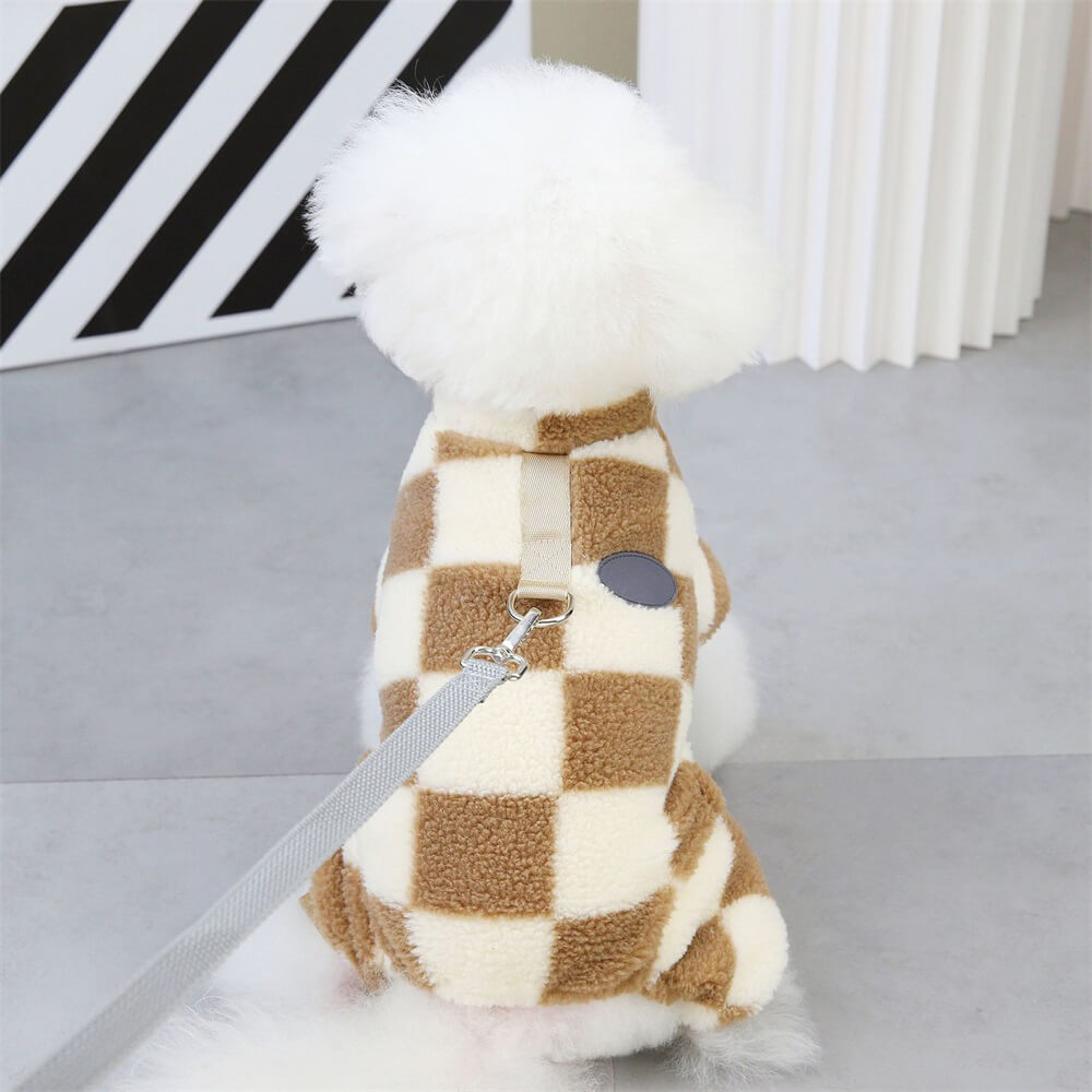 Functional and trendy checkered fleece dog jacket, D-ring included for secure adventures.