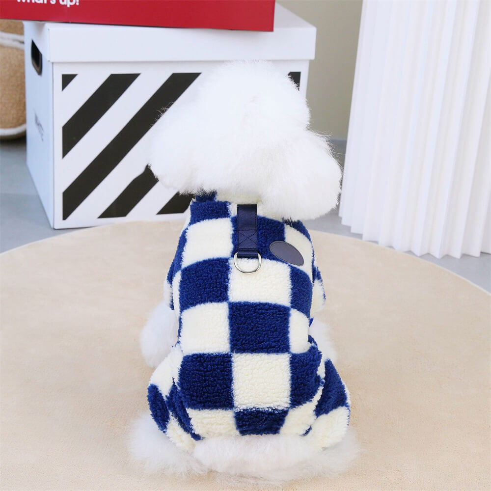 Softest fleece dog jacket, checkered design with D-ring, perfect winter dog coat for all sizes.