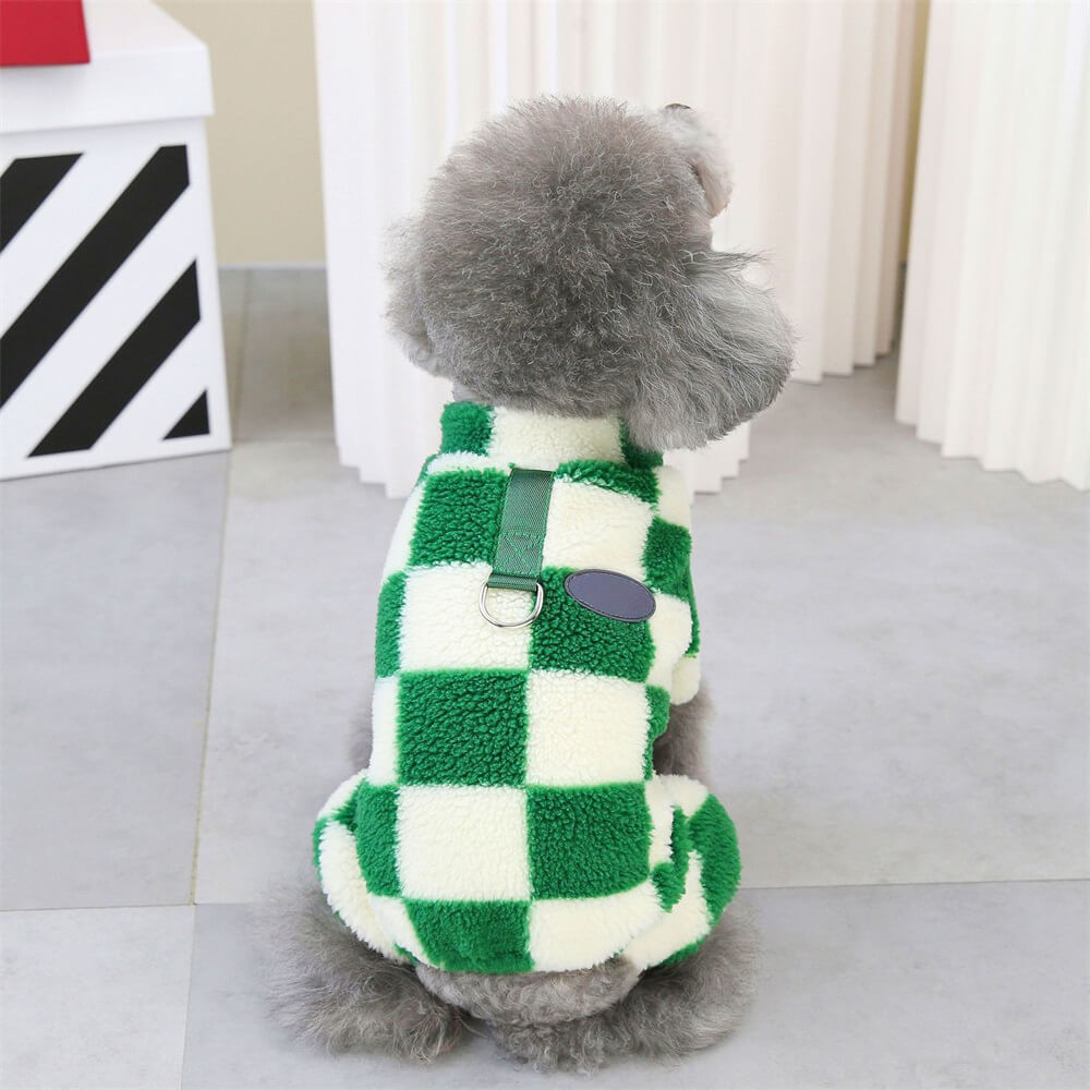 Keep your pet warm in this checkered fleece dog jacket with D-ring, a must-have winter essential.
