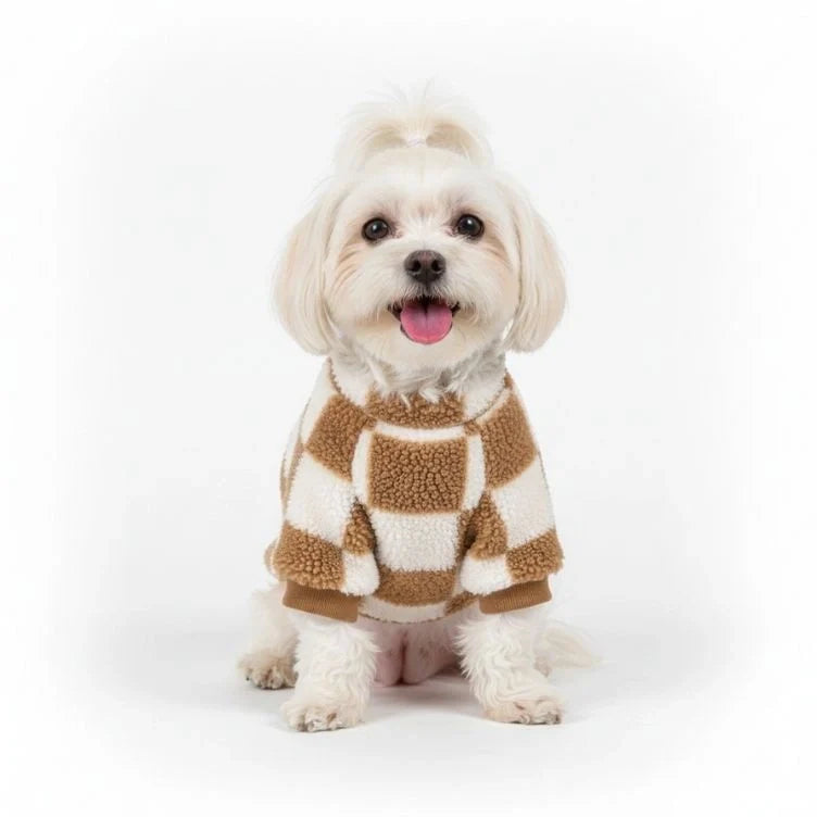 Fashionable red and black plaid fleece dog jacket, winter coat with D-ring for medium dogs.