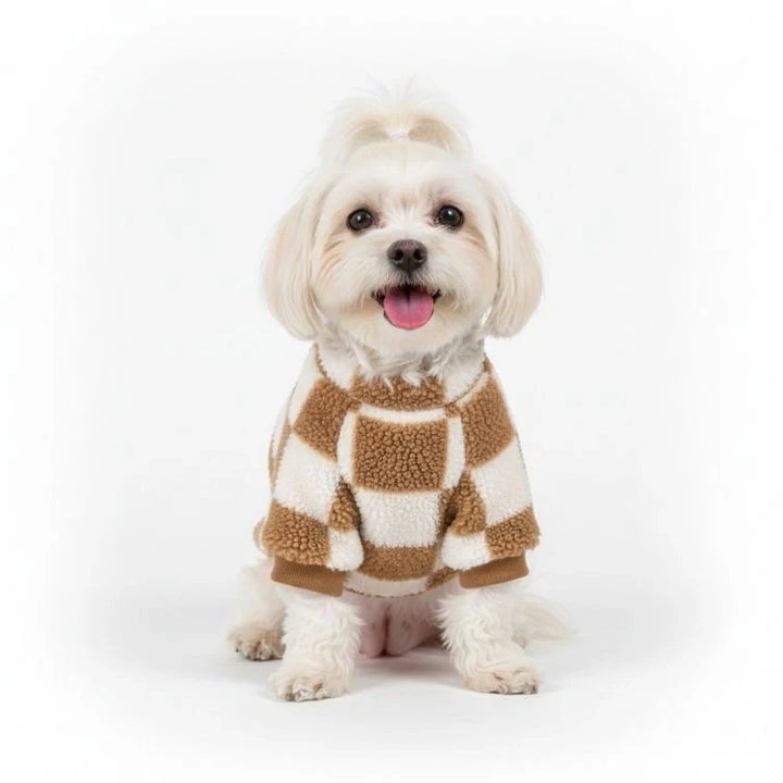 Fashionable red and black plaid fleece dog jacket, winter coat with D-ring for medium dogs.