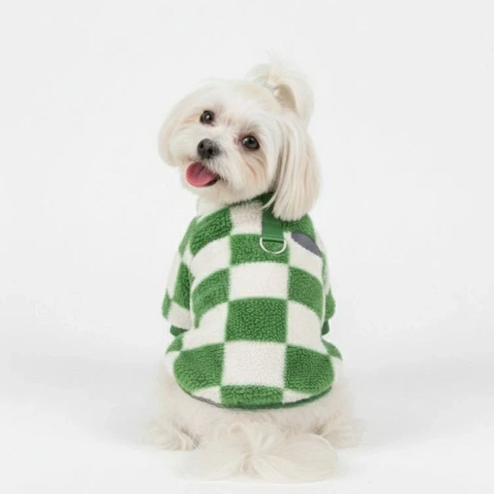 Soft fleece checkered dog jacket with built-in D-ring, ideal warm pet clothing for large dogs.