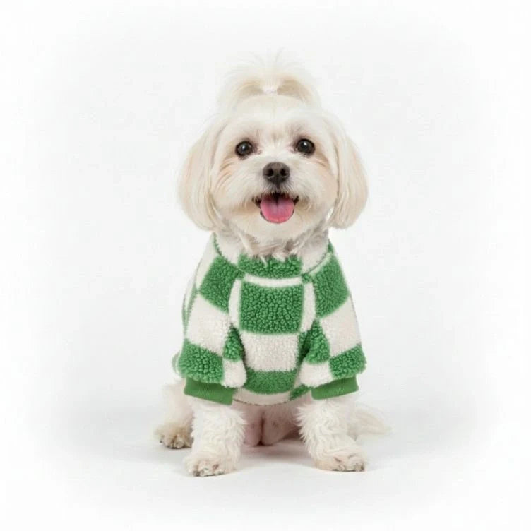 Stylish pet apparel: checkered fleece dog jacket with a secure D-ring for winter walks.