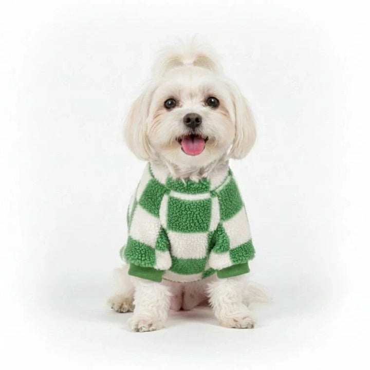 Stylish pet apparel: checkered fleece dog jacket with a secure D-ring for winter walks.