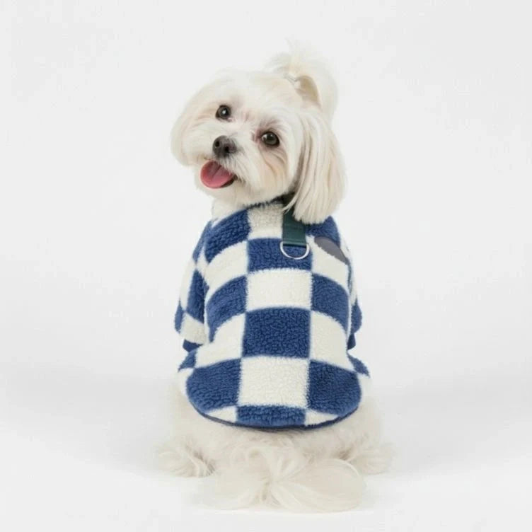 Cozy winter dog coat, plaid fleece jacket for dogs, featuring a durable D-ring attachment.