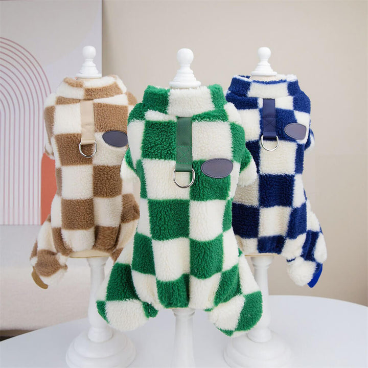 Secure and warm checkered fleece dog jacket with integrated D-ring for easy leash attachment.