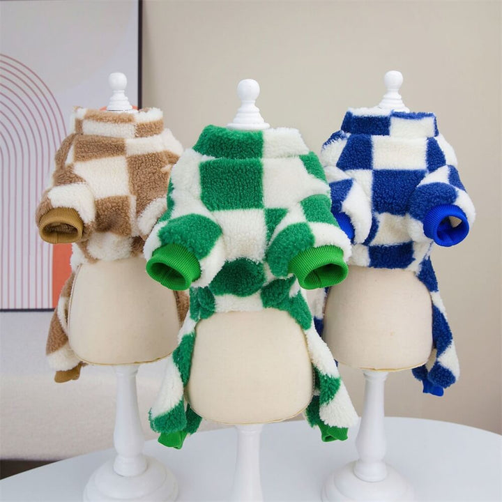Comfortable fleece dog jacket in a classic checkered pattern, D-ring for winter dog apparel.