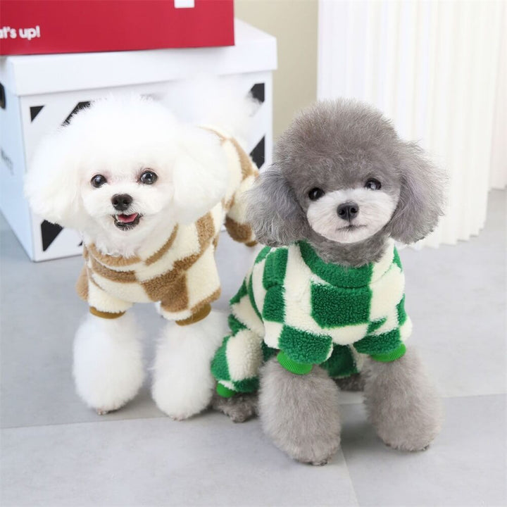 Outdoor dog gear: plaid fleece jacket with D-ring, essential warm pet clothing for cold weather.