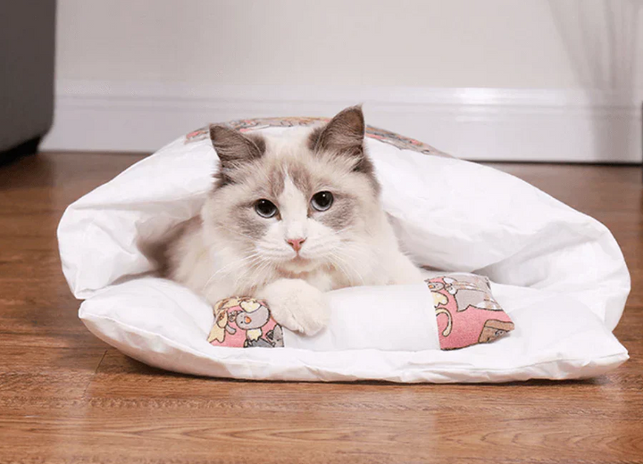 Cat sleeping bag pet bed showcasing its soft, plush interior, ideal for pet comfort