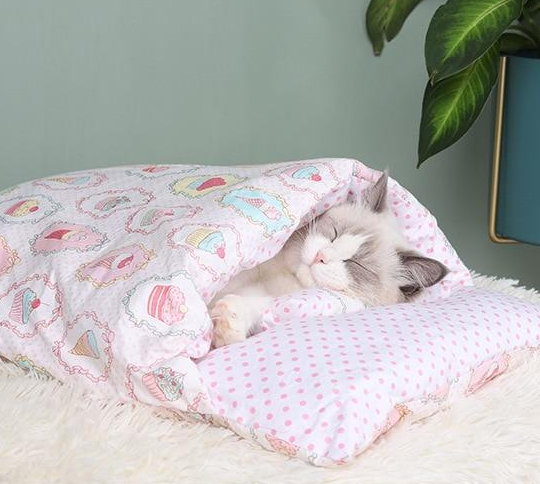 Top view of a cat sleeping bag pet bed, ready for a cat to snuggle in its soft depths