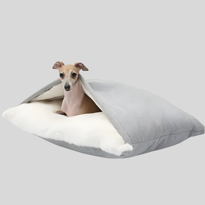 Warm, cozy dog portable pet sleeping bag, side view, for travel or crate, new.