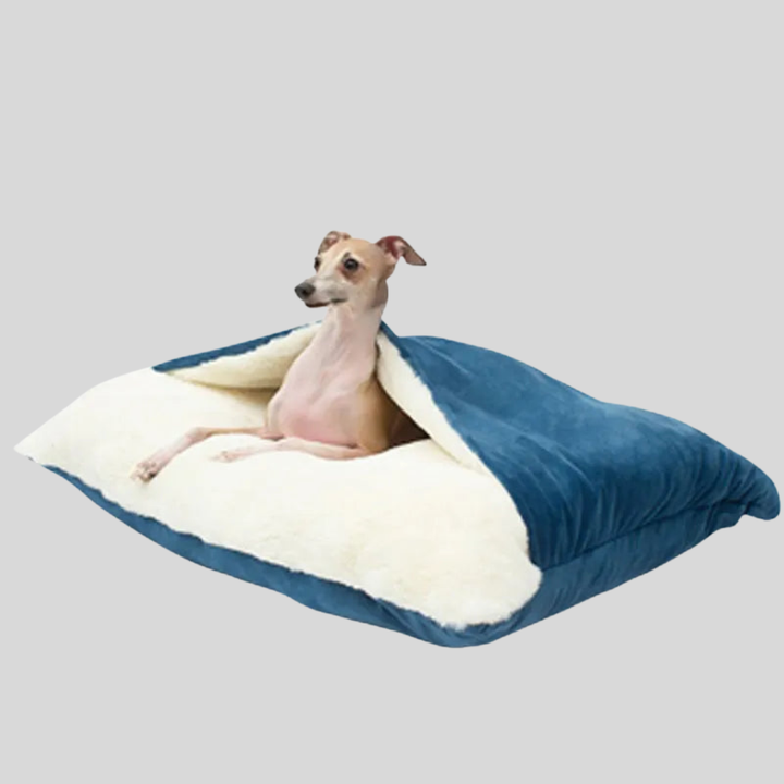 Dog portable pet sleeping bag, rolled up, showing portability for travel, cozy.