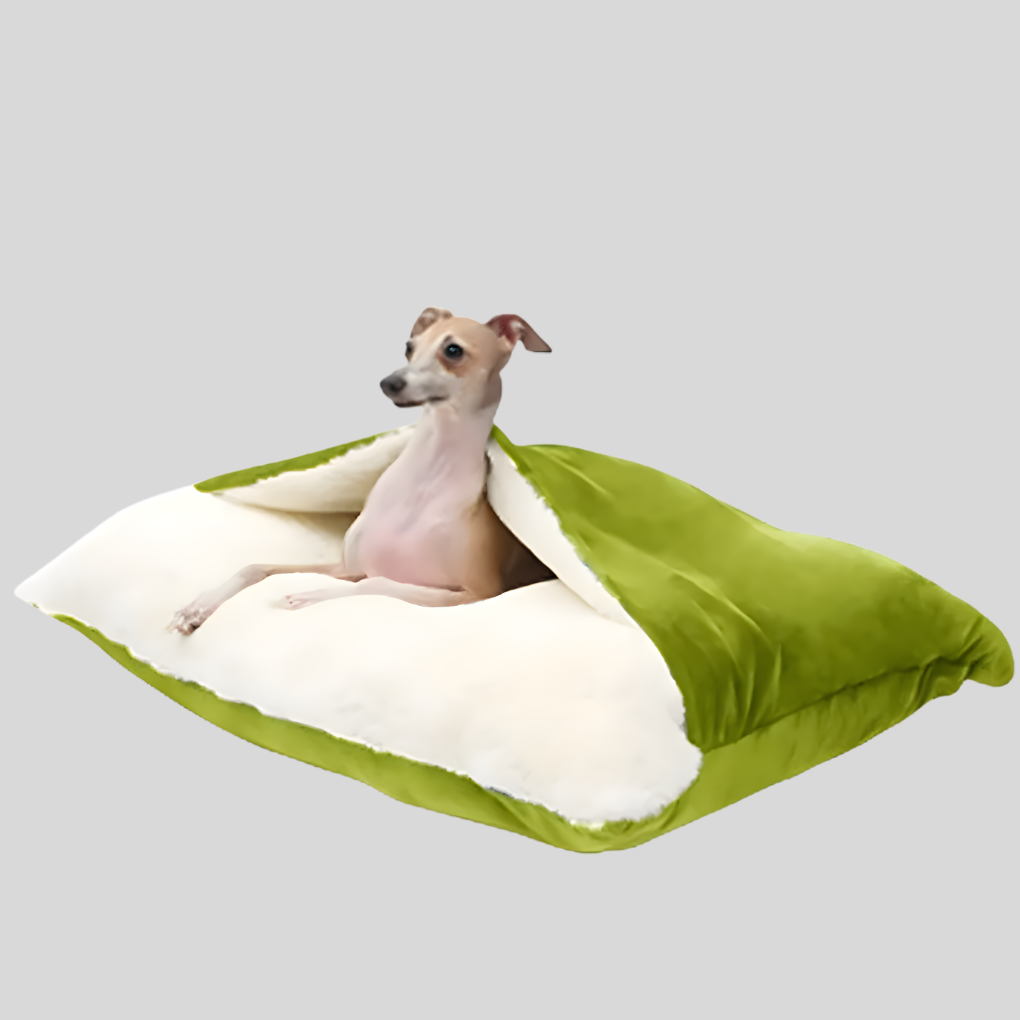 Dog sleeping bag open, pet bed, with a small dog resting comfortably inside it.