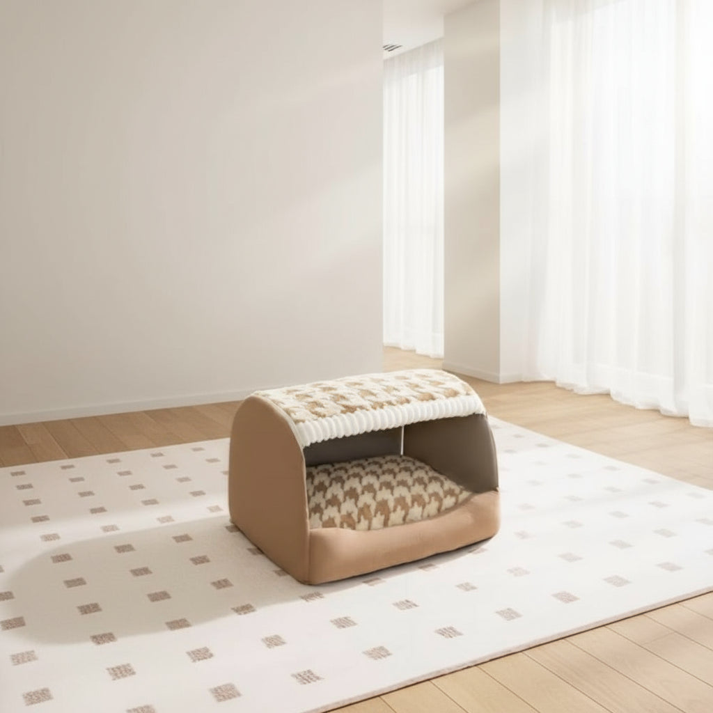 Dog enjoying secure, enclosed comfort in a grey Noko Pets canopy dog bed with anti-slip bottom