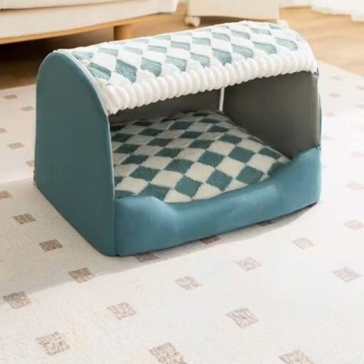 Plush, washable canopy dog bed, providing warmth and security for small to medium dogs