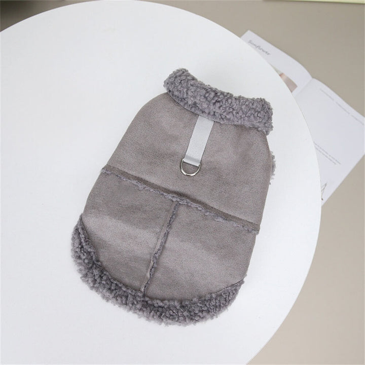 Ergonomic dog jacket and harness combination, shearling-lined for ultimate winter warmth and security.