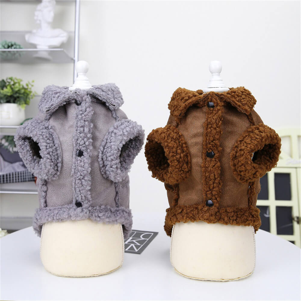 Comfortable pet apparel: grey shearling dog vest with a high-visibility harness for cold weather.