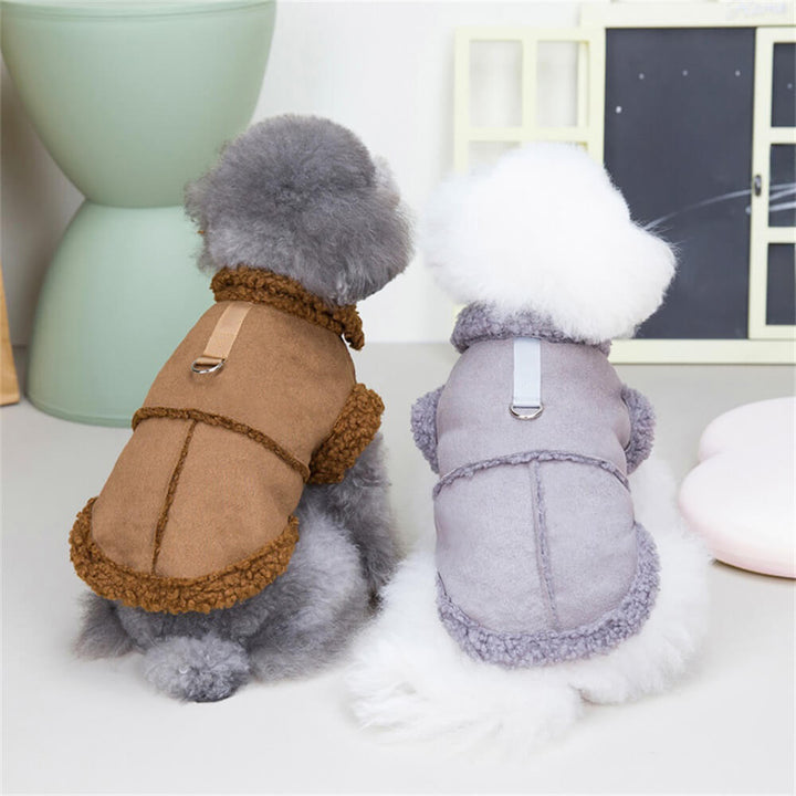 Adorable dog clothing: pink shearling warm dog jacket with a functional built-in harness system.