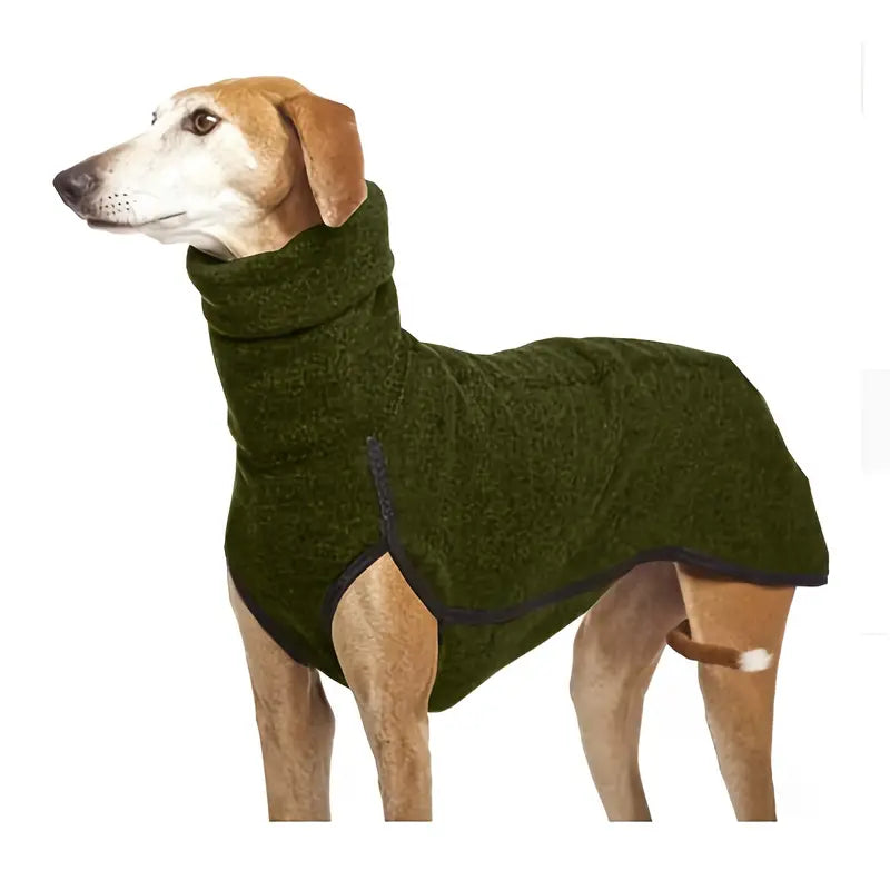 Close-up of a warm dog turtleneck winter coat, durable and cozy pet apparel