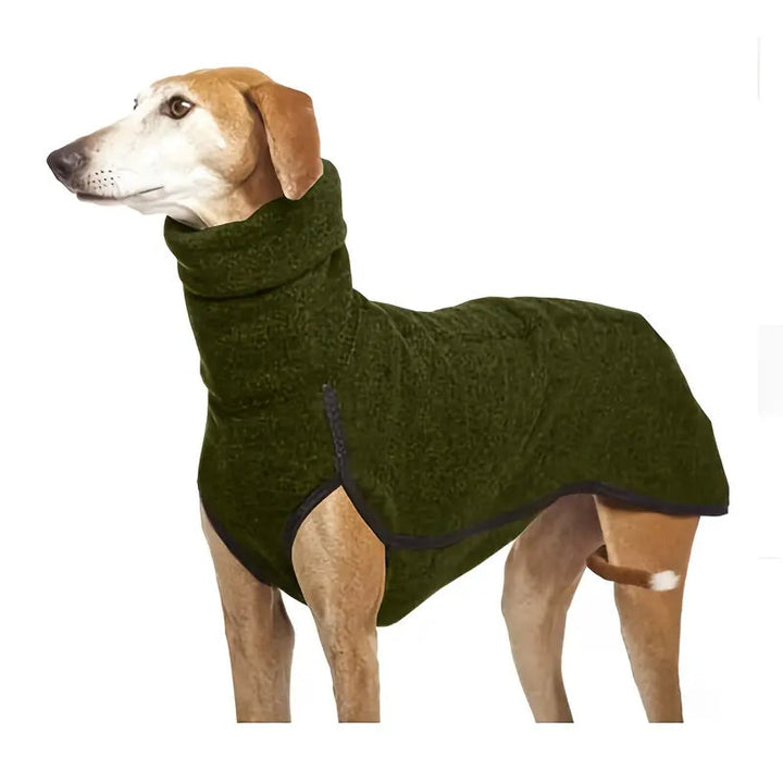 Close-up of a warm dog turtleneck winter coat, durable and cozy pet apparel