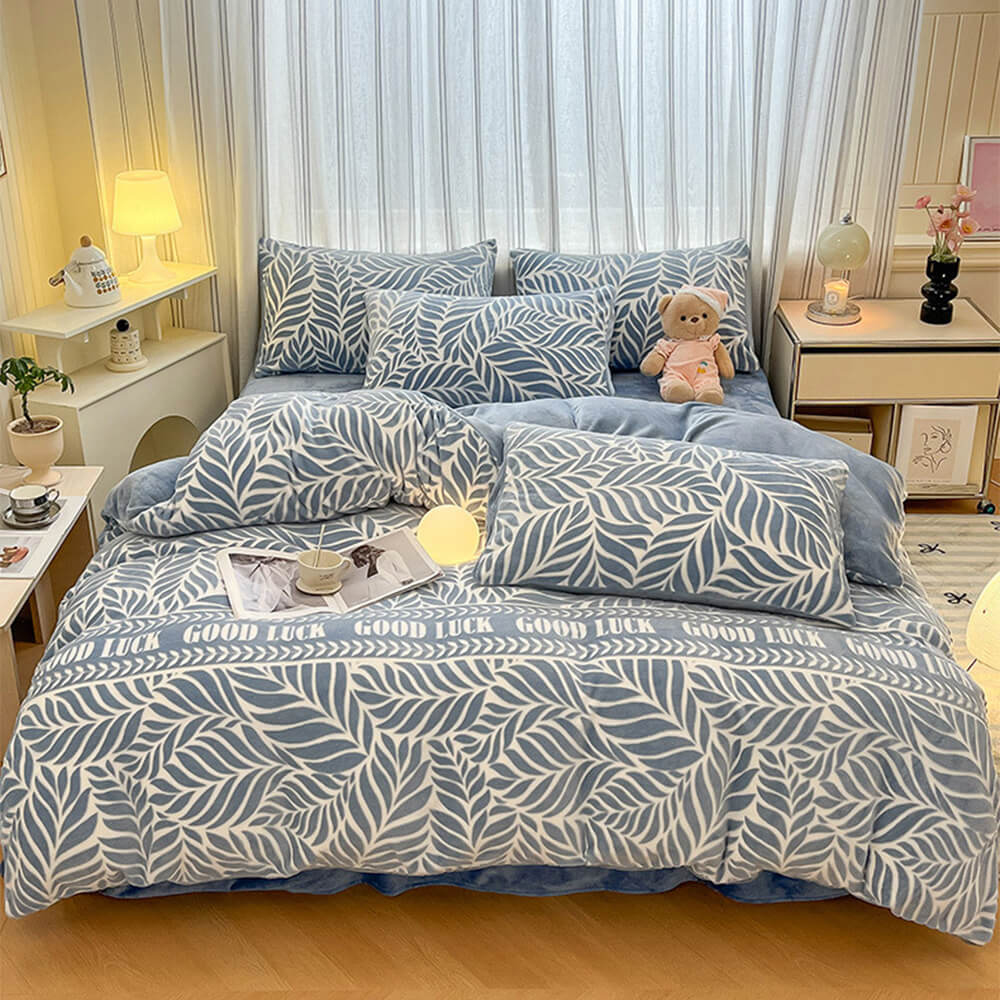 Cozy velvet sheet set with a sophisticated embossed natural leaf motif.