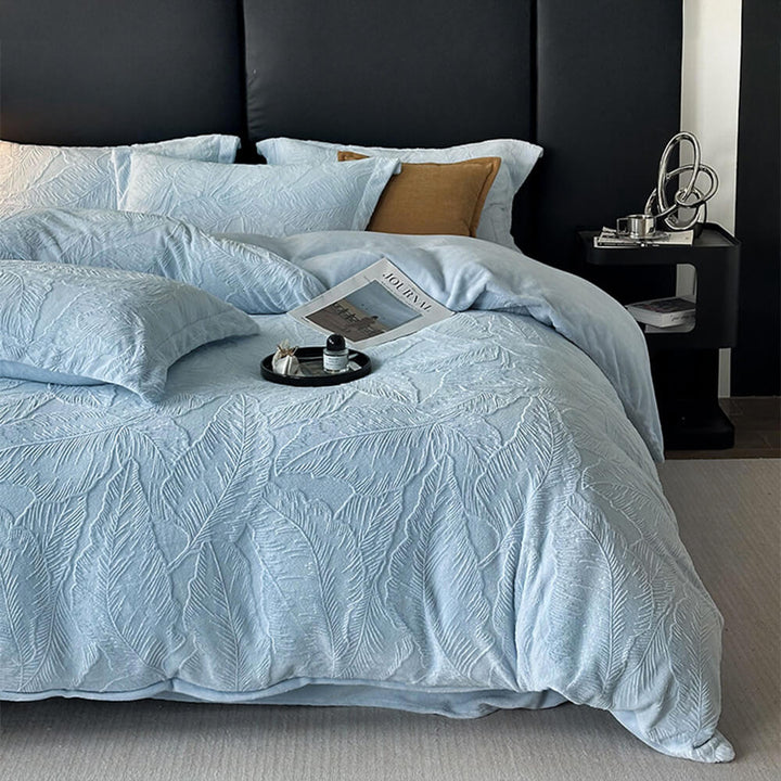 Warm sheets: natural leaf embossed velvet sheet set, perfect for cooler nights.