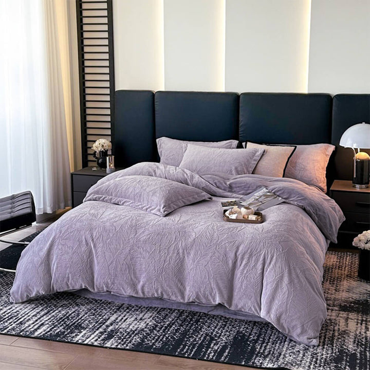 Warm embossed velvet bedding, showcasing a delicate and natural leaf design.
