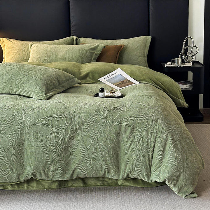 Bedroom decor upgrade: natural leaf embossed velvet sheets for a luxurious touch.