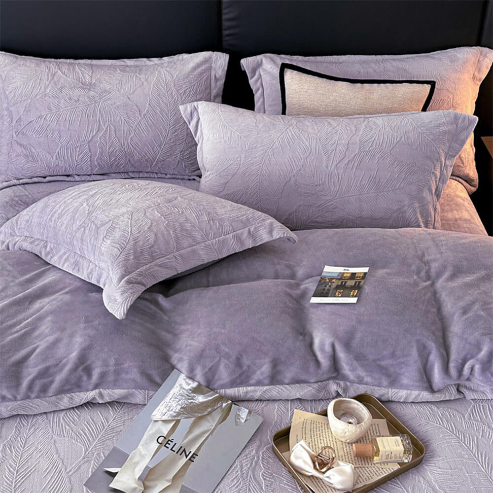 Luxury bedsheets: natural leaf embossed velvet sheet set for ultimate comfort.
