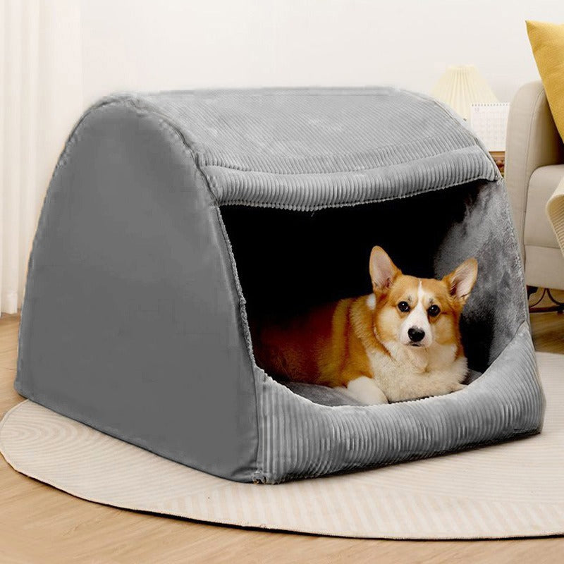 Warm flannel semi-enclosed dog cave bed for cozy pet comfort, washable for large dogs.