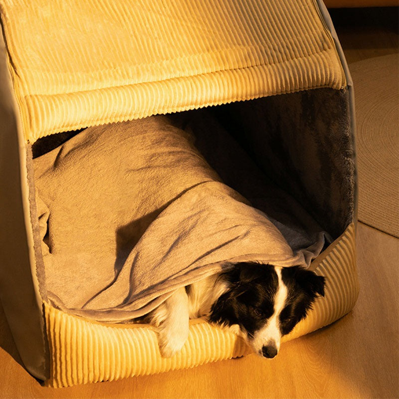 Luxury large dog cave bed in soft flannel, a cozy pet house and washable pet supply.