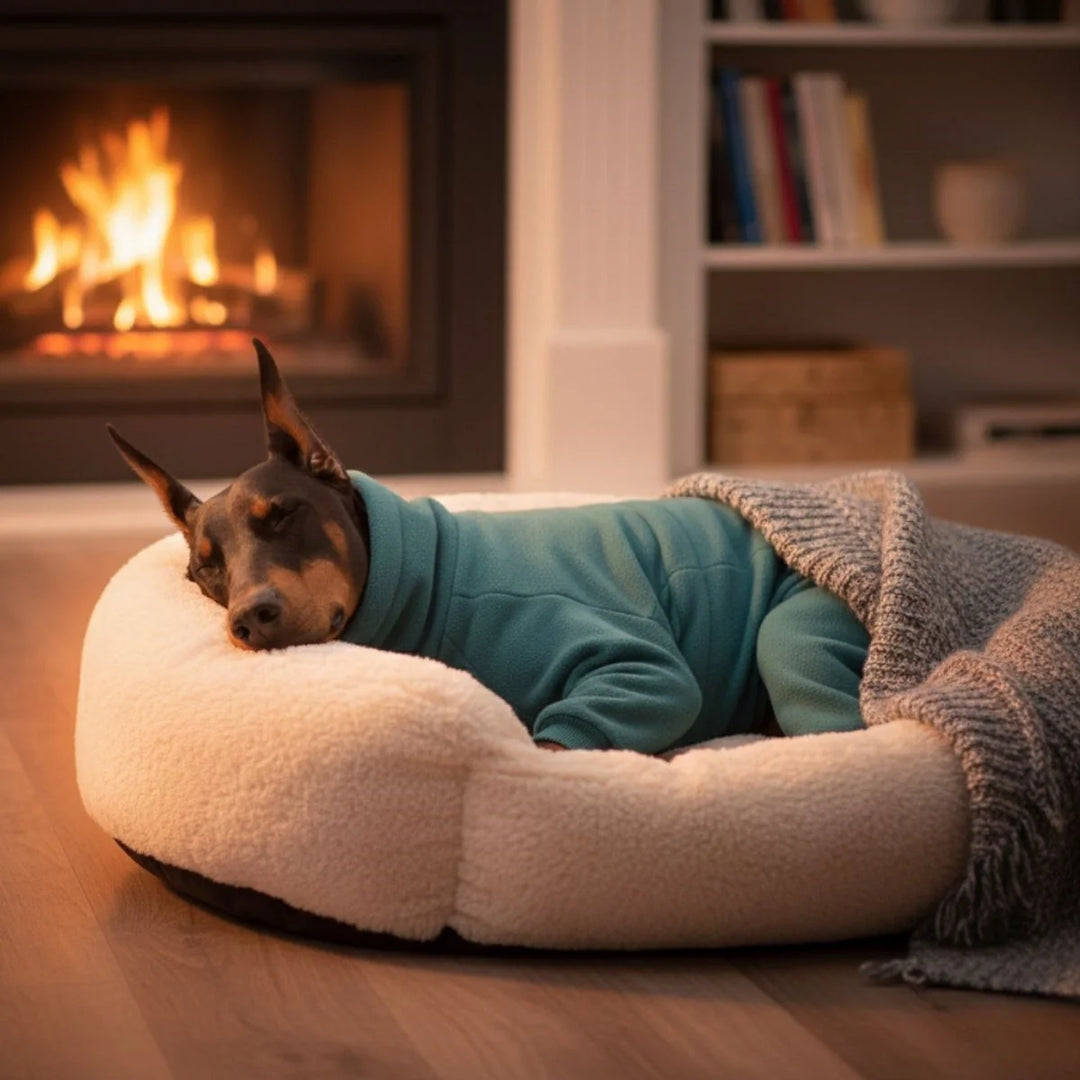 Adorable pink full body fleece dog jumpsuit, warm pet outfit for winter, ensuring comfort and protection.