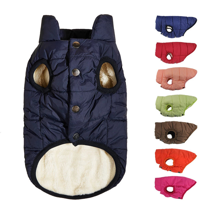 Warm fleece-lined dog winter coat for cold weather, showcasing durable outer shell and soft interior.