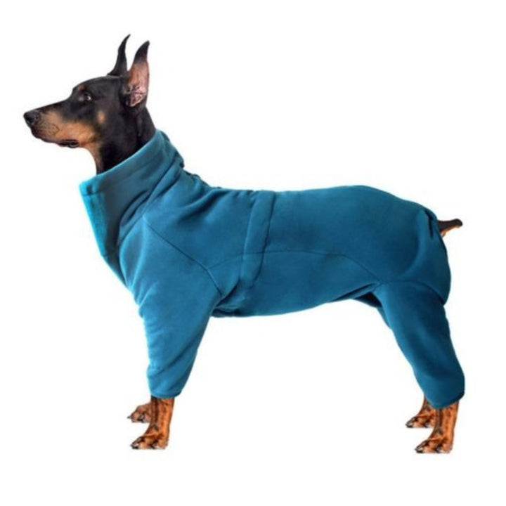 Red full-body dog fleece coat, perfect for small to large dogs, ensuring warmth outdoors
