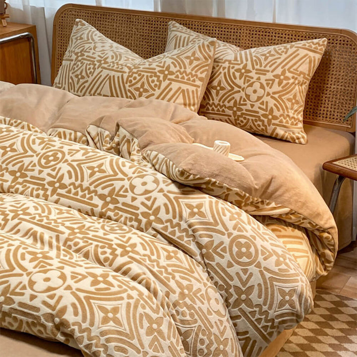 Sumptuous milk velvet geometric bed sheets, ensuring warm comfort and chic bedroom decor.