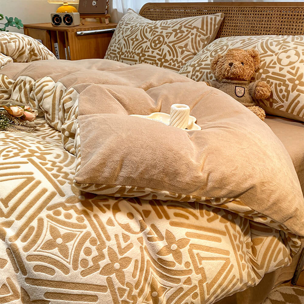 Premium milk velvet geometric bed sheet set, offering warmth, softness, and anti-static properties.