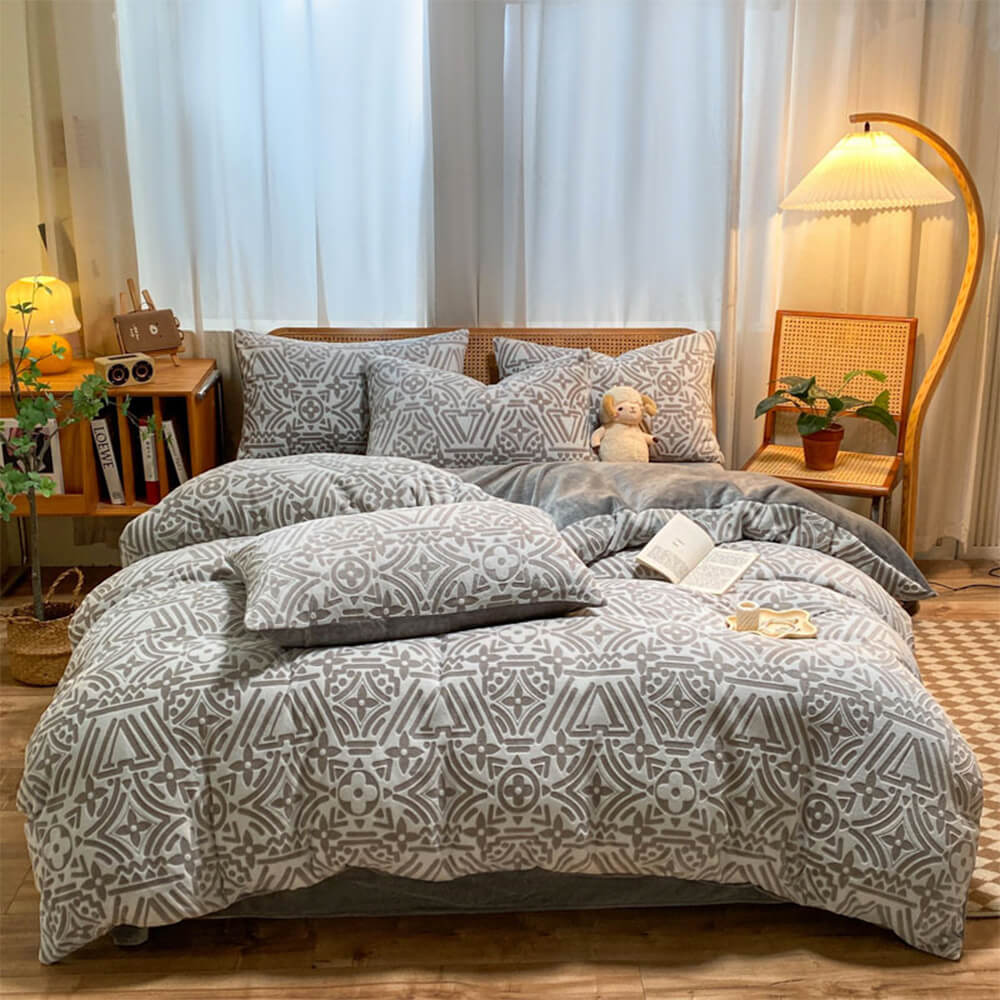 Inviting geometric milk velvet bedding, a complete soft and warm sheet set for your home.