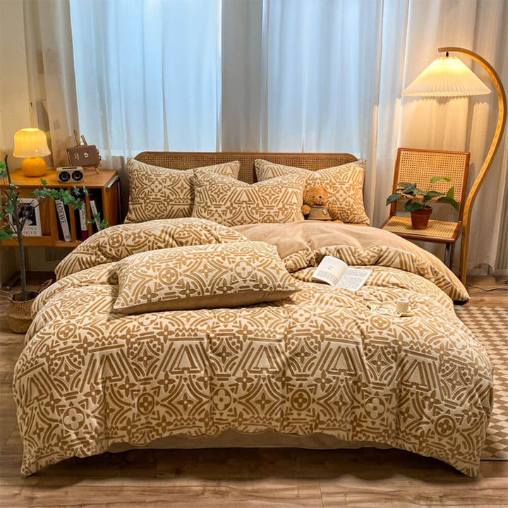 Chic and cozy geometric milk velvet bed sheets, a perfect anti-static bedding set for comfort.
