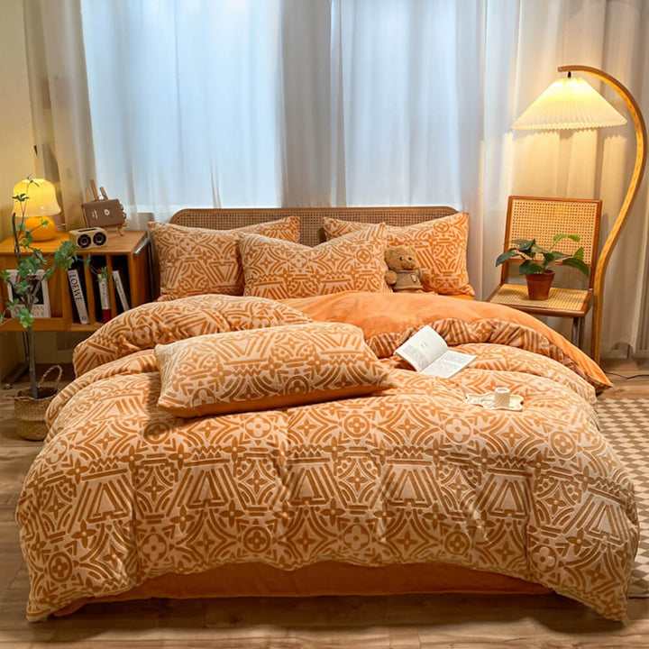 Geometric pattern milk velvet bedsheets, a cozy and soft bedding set for warm home decor.