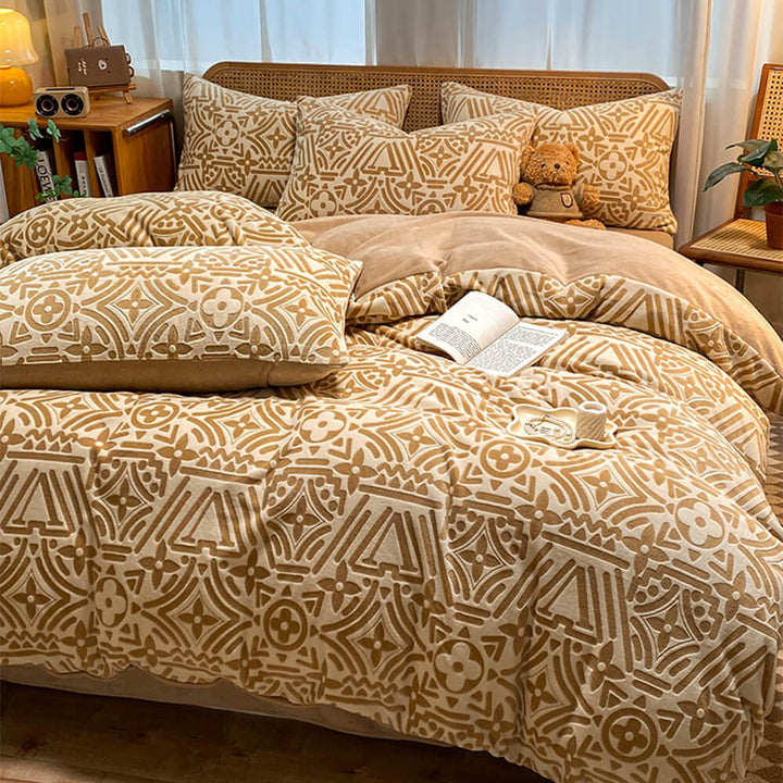 Luxurious milk velvet bed sheet set with geometric design, 3-piece anti-static bedding.