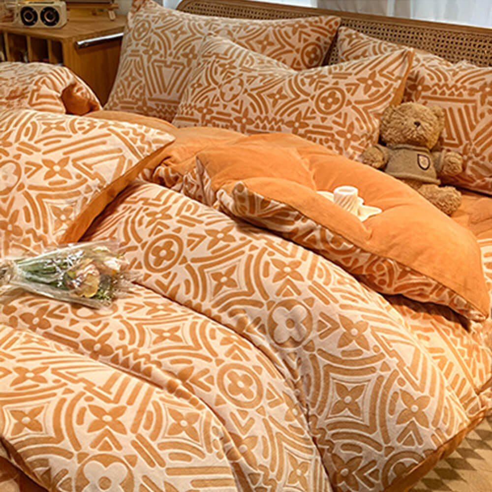Contemporary geometric bed sheet set in plush milk velvet, anti-static and warm bedding.